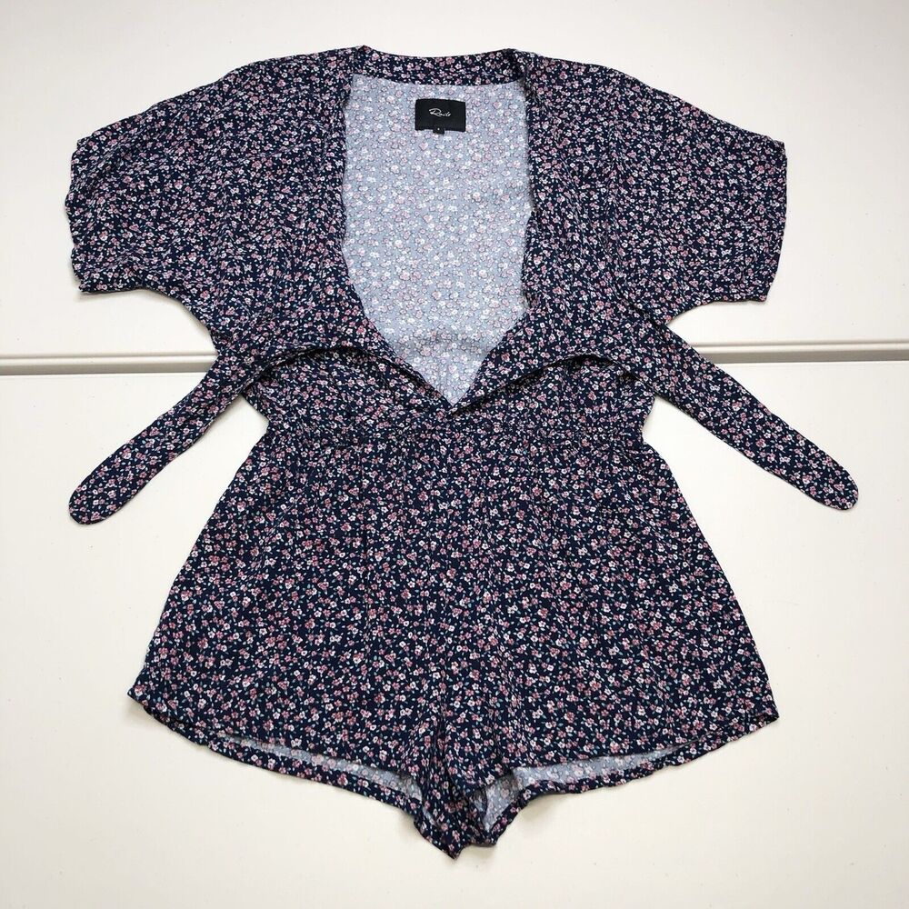 RAILS Tie Front Romper Floral Minka Wildflower Relaxed Blue Short Sleeves Small - Picture 5 of 8